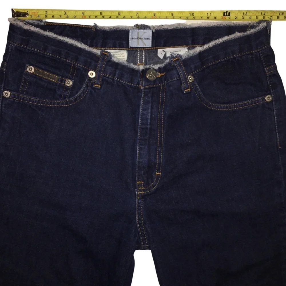 Highrise Flare Jeans, Distressed Denim, Frayed Waist/Hem, Dark Calvin Klein Sz 7 - Picture 11 of 13